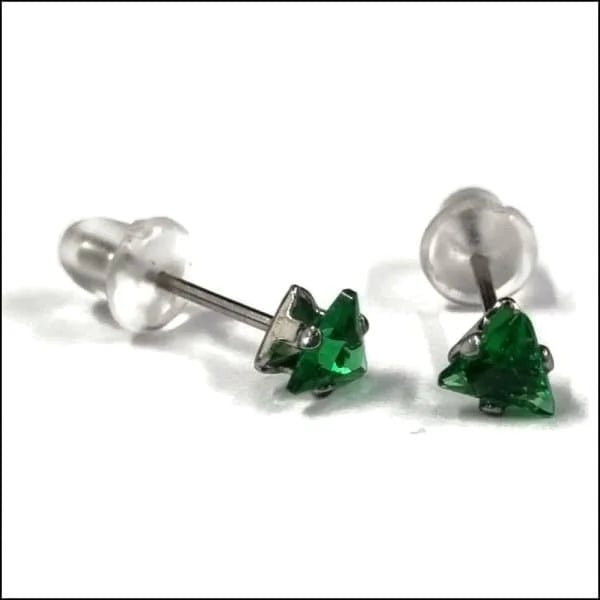 RVS Zweerknopjes Driehoek Zirkonia  - Geometrische Studs - Zilverkleurig / 4 mm / Groen -