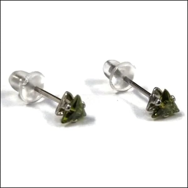 RVS Zweerknopjes Driehoek Zirkonia  - Geometrische Studs - Zilverkleurig / 4 mm / Olijf Groen -