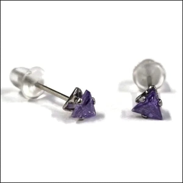 RVS Zweerknopjes Driehoek Zirkonia  - Geometrische Studs - Zilverkleurig / 4 mm / Paars -