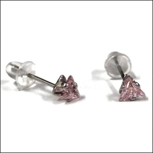RVS Zweerknopjes Driehoek Zirkonia  - Geometrische Studs - Zilverkleurig / 4 mm / Roze -