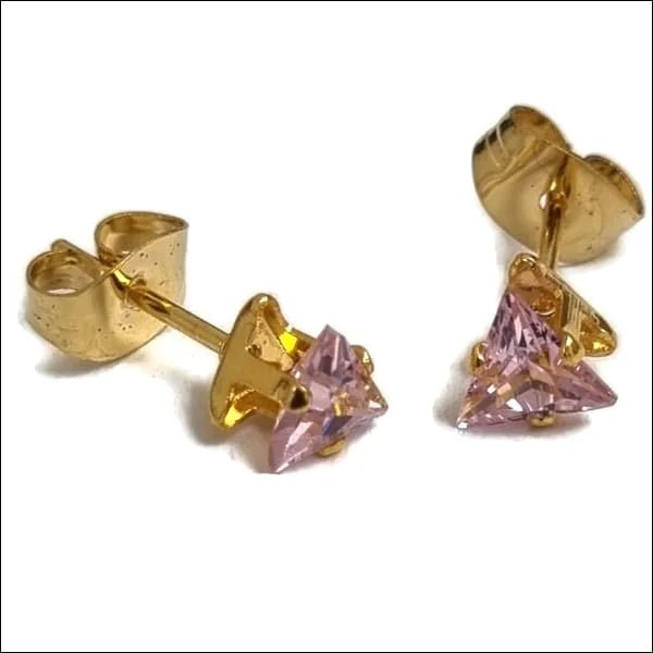 RVS Zweerknopjes Driehoek Zirkonia  - Geometrische Studs - Goudkleurig / 5 mm / Roze -