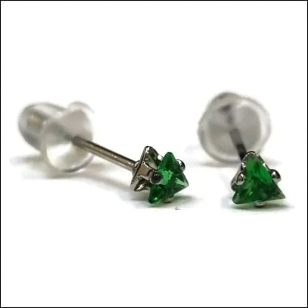 RVS Zweerknopjes Driehoek Zirkonia  - Geometrische Studs - Zilverkleurig / 3 mm / Groen -