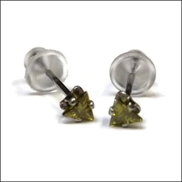 RVS Zweerknopjes Driehoek Zirkonia  - Geometrische Studs - Zilverkleurig / 3 mm / Olijf Groen -