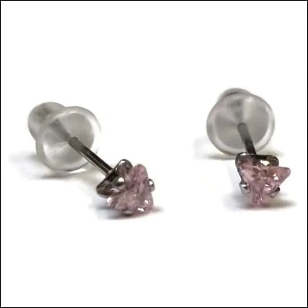 RVS Zweerknopjes Driehoek Zirkonia  - Geometrische Studs - Zilverkleurig / 3 mm / Roze -