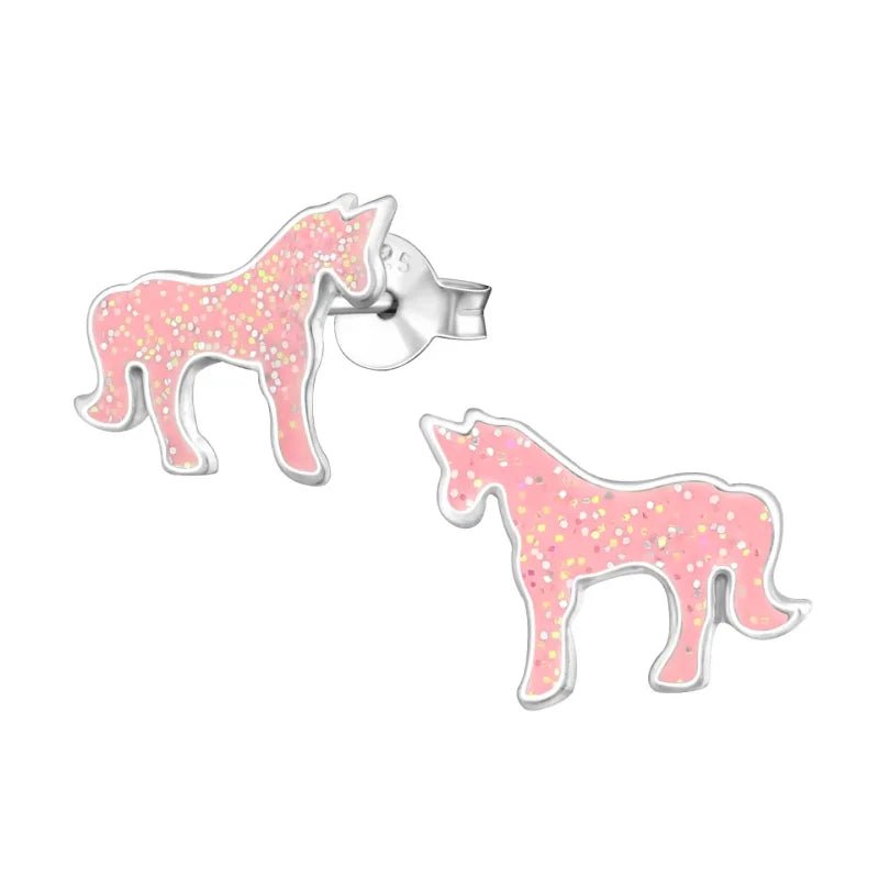 925 Zilveren Eenhoorn Oorbellen 7mm Meisje - Unicorn Studs - Blauw Glitter -