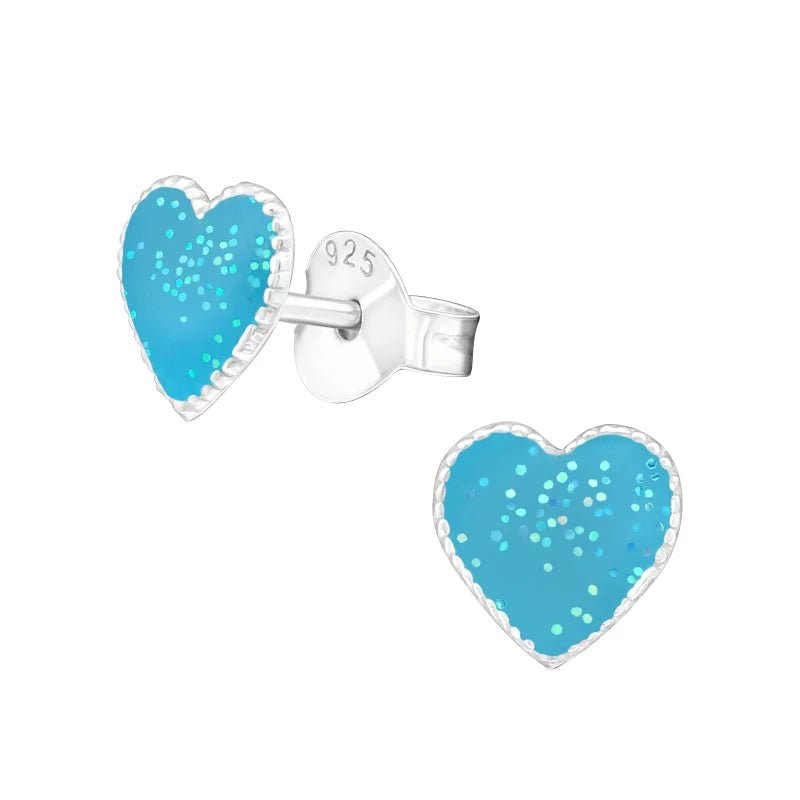925 Zilveren Hartjes Oorbellen Emaille Diverse Kleuren - Hart Oorstekers - Blauw Glitter-9mm -