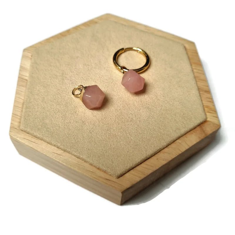 Stijlvolle Hexagon Oorbellen van Rvs - Goudkleur / Icy Pink (Natuursteen) - Unisex