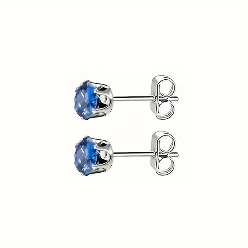 RVS Zirkonia Oorbellen Donkerblauw Rond - Blauwe Kristal Oorstekers - Zilverkleur / 5mm -