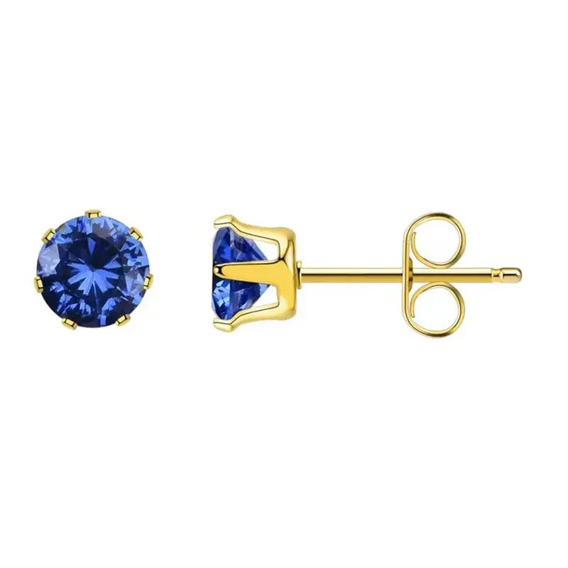 RVS Zirkonia Oorbellen Donkerblauw Rond - Blauwe Kristal Oorstekers - Goudkleur / 3mm -