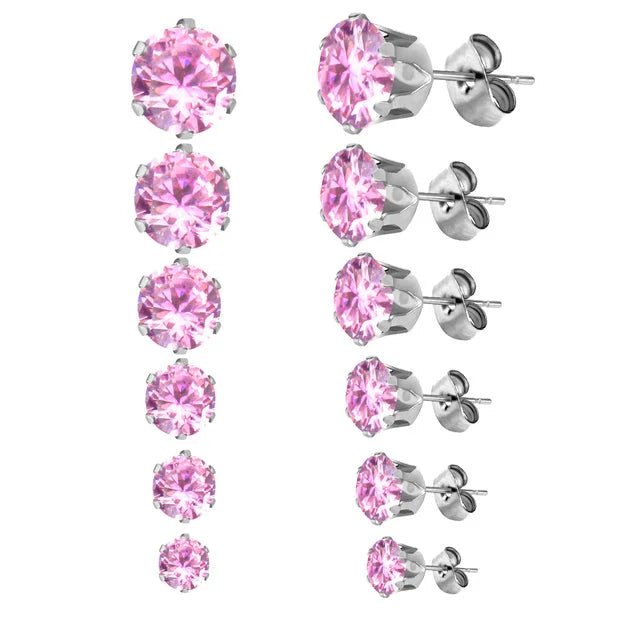 Stalen Oorbellen - Roze Zirkonia - Zilverkleur / 6mm -
