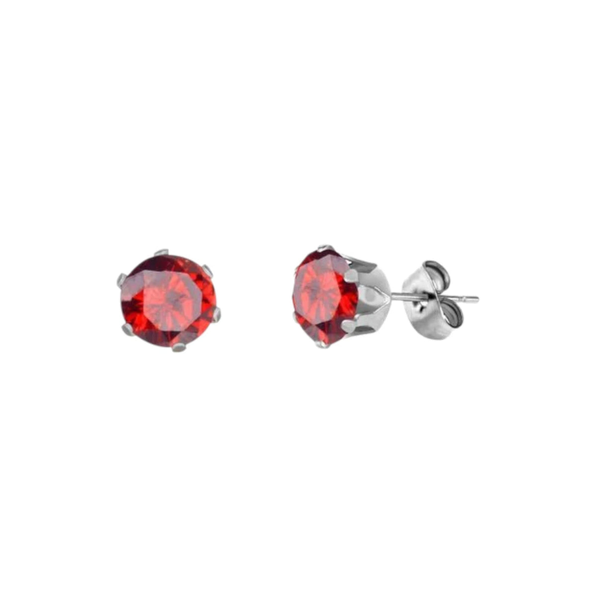 Zilverkleurige RVS Oorstekers met Rode Zirkonia - Rond - 8mm -