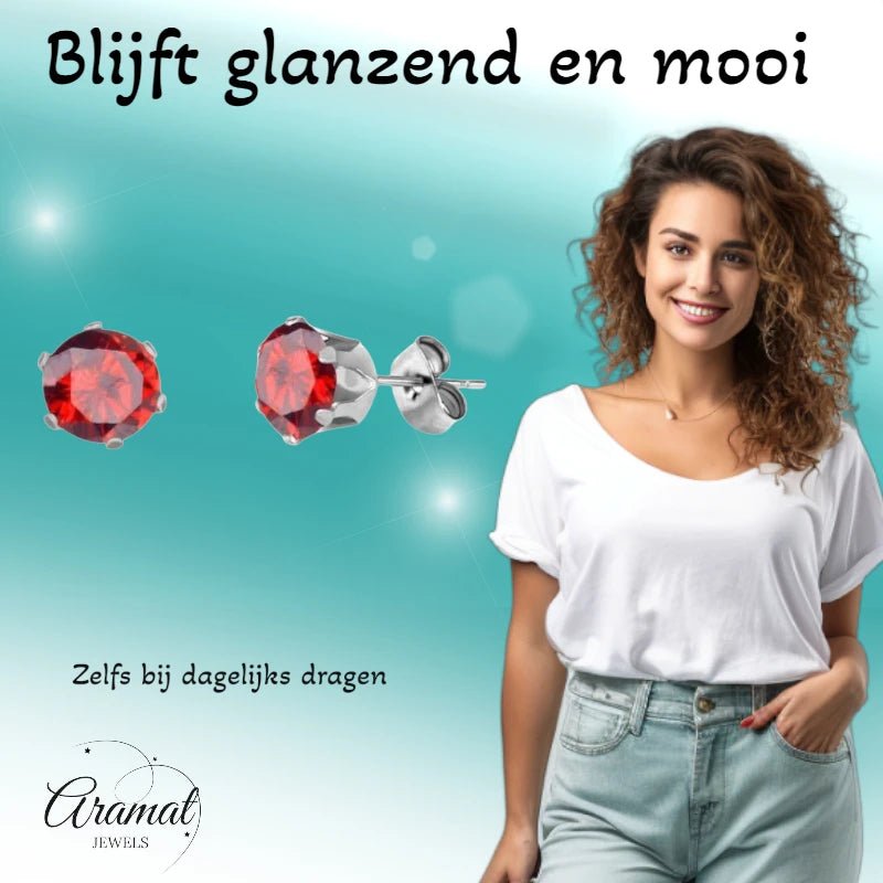 Zilverkleurige RVS Oorstekers met Rode Zirkonia - Rond - 8mm -