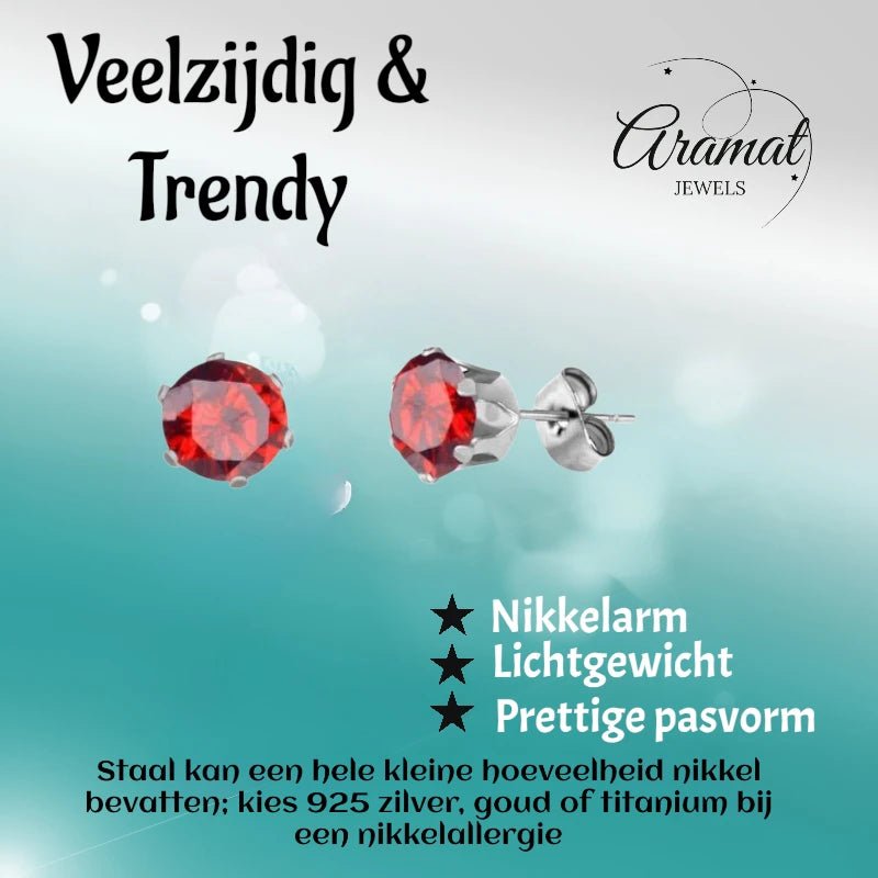 Zilverkleurige RVS Oorstekers met Rode Zirkonia - Rond - 5mm -