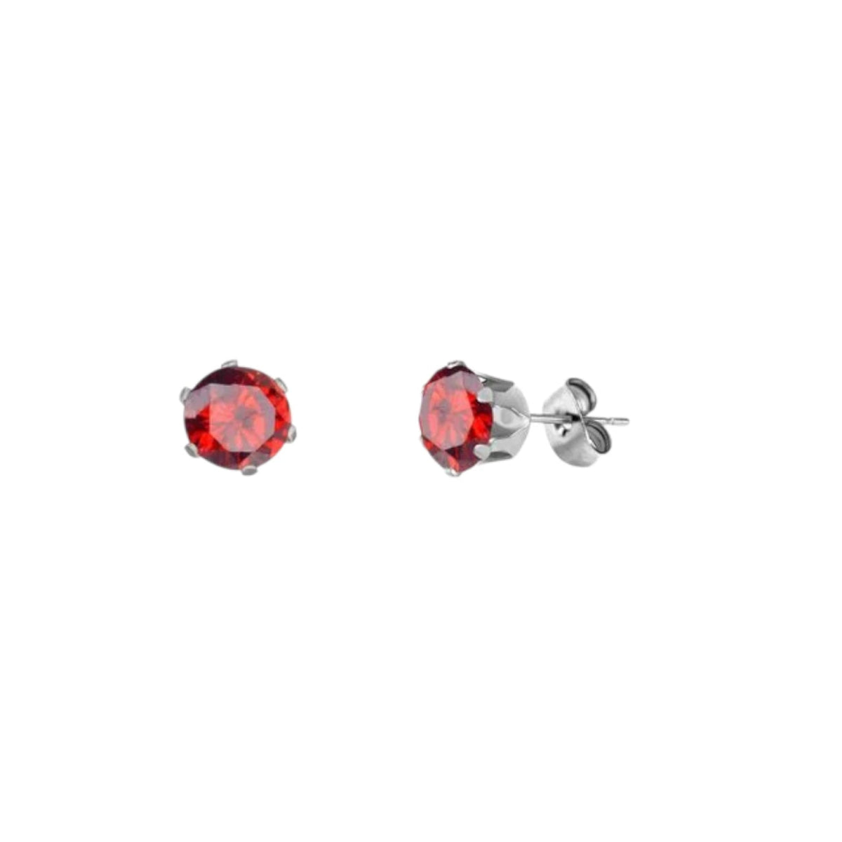 Zilverkleurige RVS Oorstekers met Rode Zirkonia - Rond - 6mm -