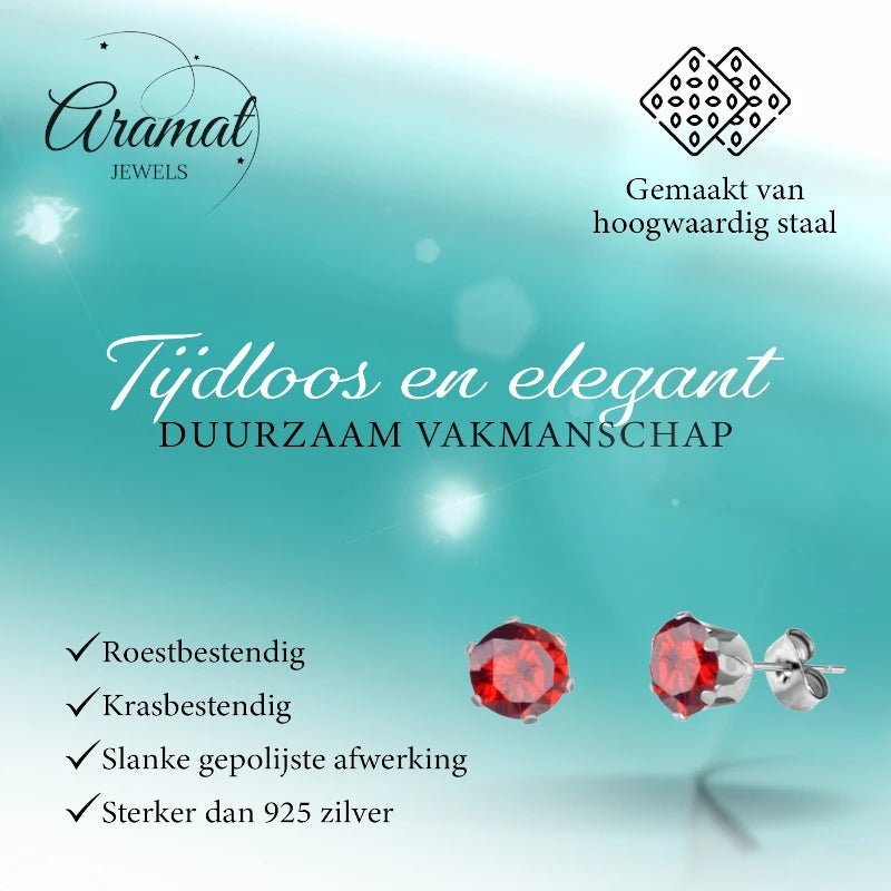 Zilverkleurige RVS Oorstekers met Rode Zirkonia - Rond - 6mm -