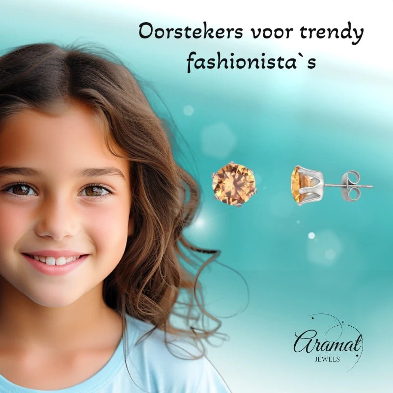 Stalen Oorstekers met Champagne Zirkonia - Rond - 6mm -