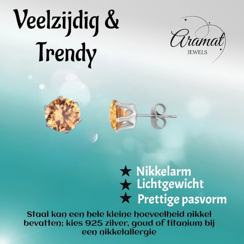 Stalen Oorstekers met Champagne Zirkonia - Rond - 7mm -