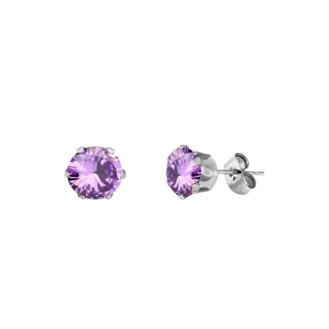 RVS Paarse Zirkonia Oorbellen - Zilverkleur / 8mm -