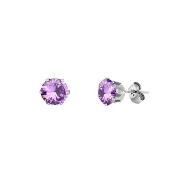 RVS Paarse Zirkonia Oorbellen - Zilverkleur / 7mm -