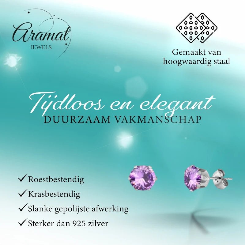 RVS Paarse Zirkonia Oorbellen - Goudkleur / 4mm -
