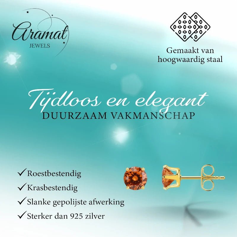 Goudkleurige RVS Oorstekers Geboortesteen Juli - Roodoranje Zirkonia - Goudkleur / 4mm -
