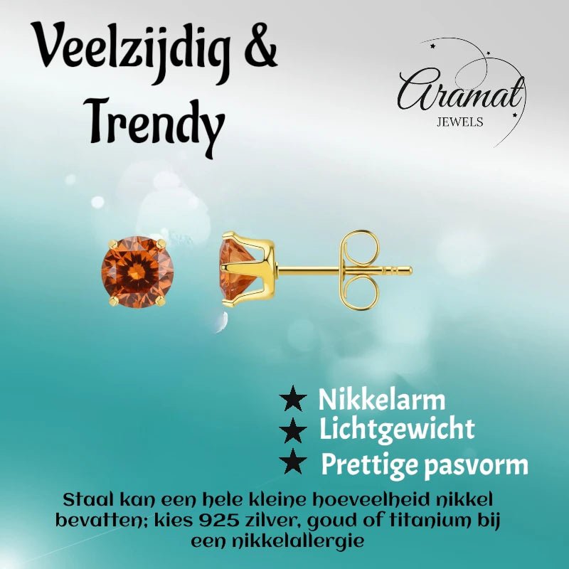 Goudkleurige RVS Oorstekers Geboortesteen Juli - Roodoranje Zirkonia - Goudkleur / 5mm -