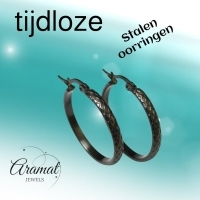 Oorringen &acirc;&euro;&ldquo; 30mm Ruitjes Patroon RVS Zilverkleur en Zwart Dames - Zwart -