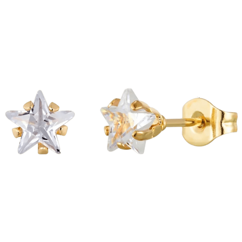 Goudkleurige Ster Oorbellen Met Transparante Zirkonia - 6mm -