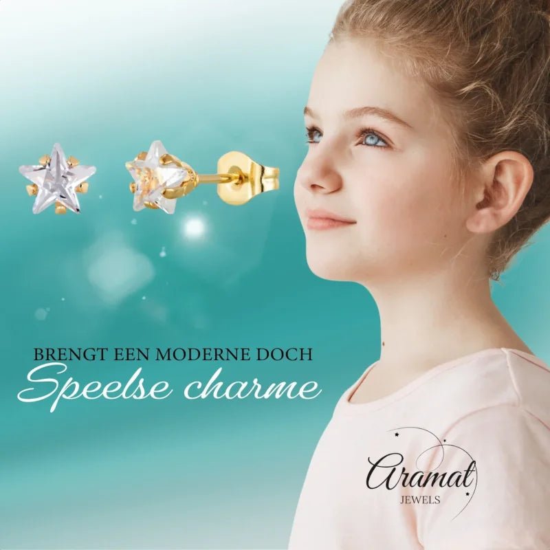 Goudkleurige Ster Oorbellen Met Transparante Zirkonia - 6mm -