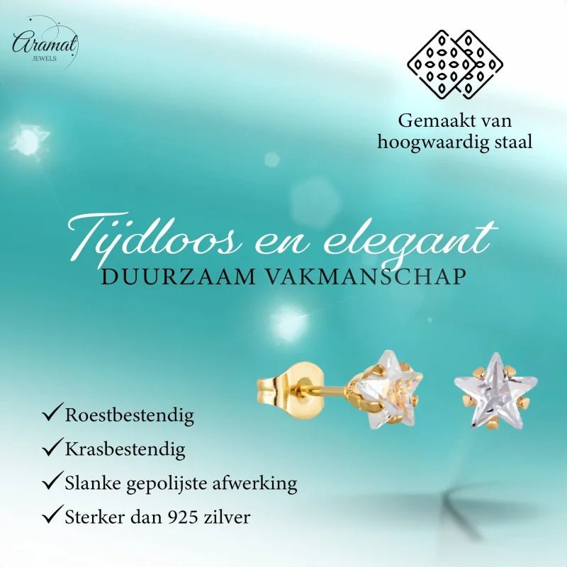 Goudkleurige Ster Oorbellen Met Transparante Zirkonia - 6mm -