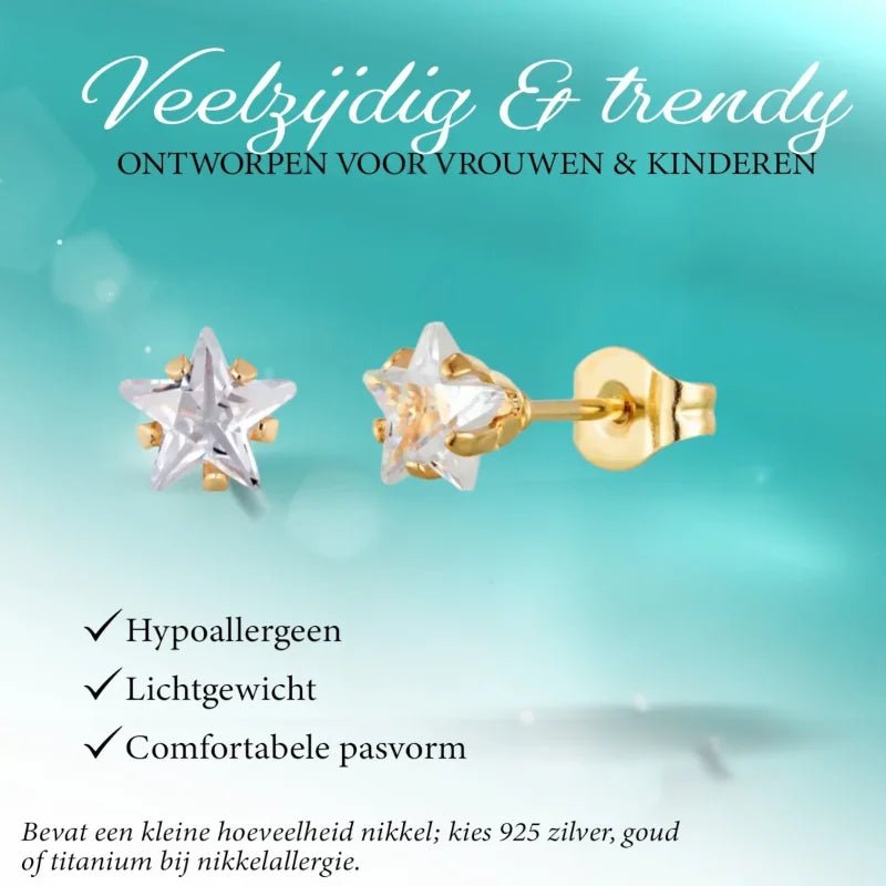 Goudkleurige Ster Oorbellen Met Transparante Zirkonia - 6mm -