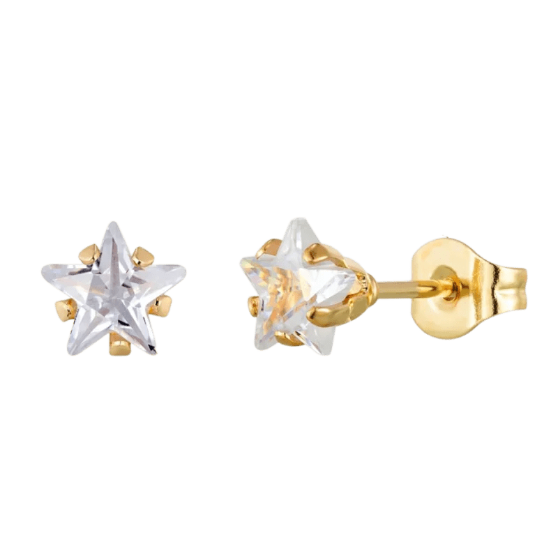 Goudkleurige Ster Oorbellen Met Transparante Zirkonia - 6mm -