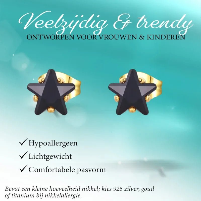 Goudkleurige Ster Oorbellen Met Zwarte Zirkonia - 5mm -