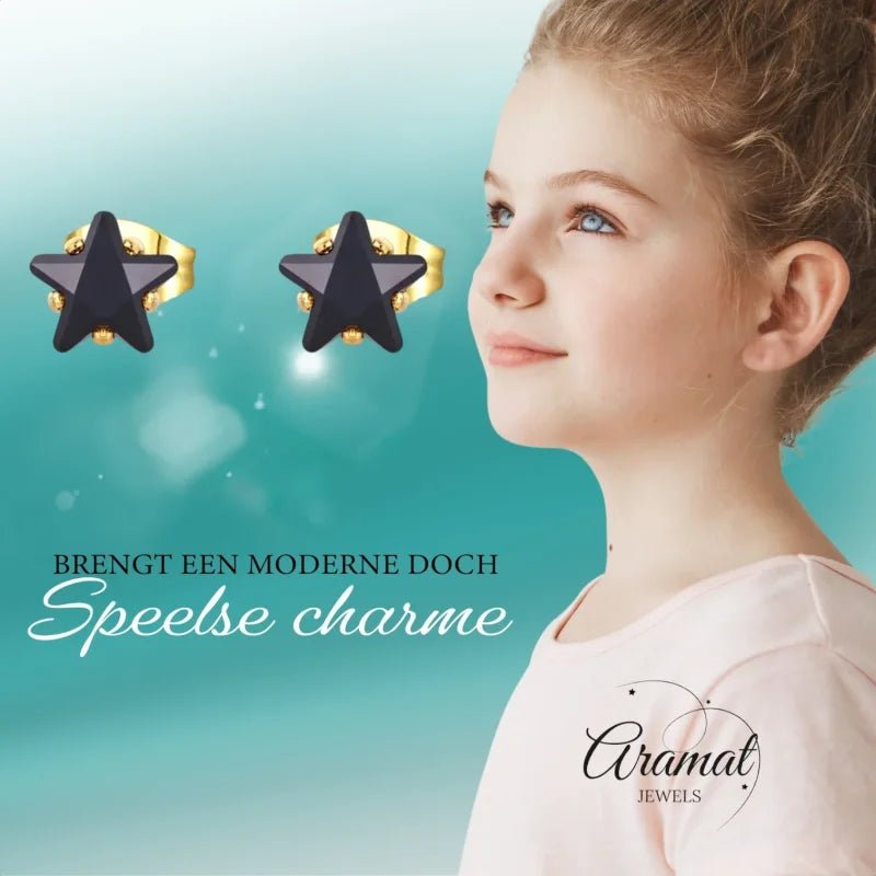 Goudkleurige Ster Oorbellen Met Zwarte Zirkonia - 5mm -