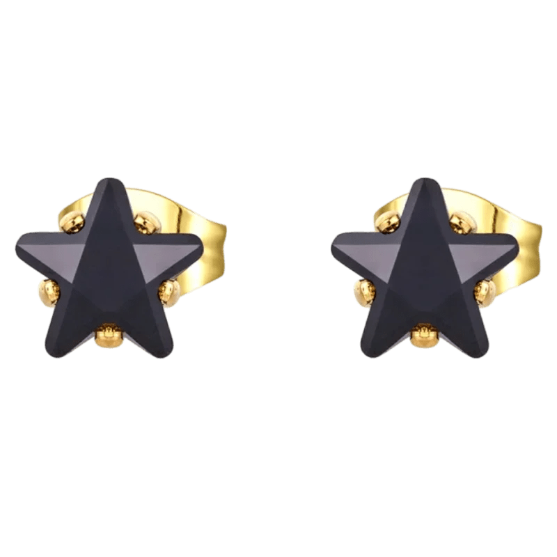 Goudkleurige Ster Oorbellen Met Zwarte Zirkonia - 6mm -