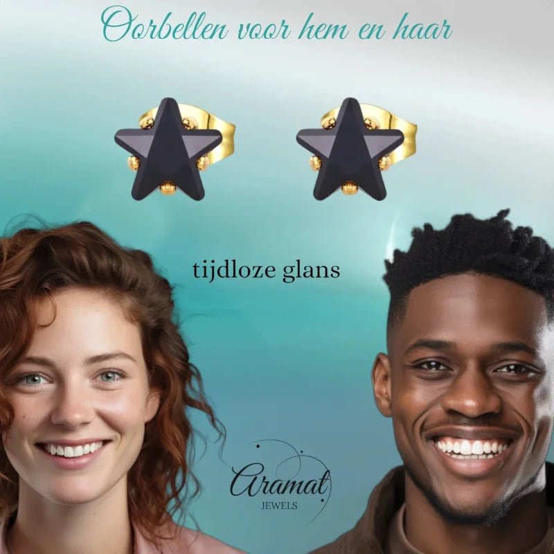 Goudkleurige Ster Oorbellen Met Zwarte Zirkonia - 6mm -