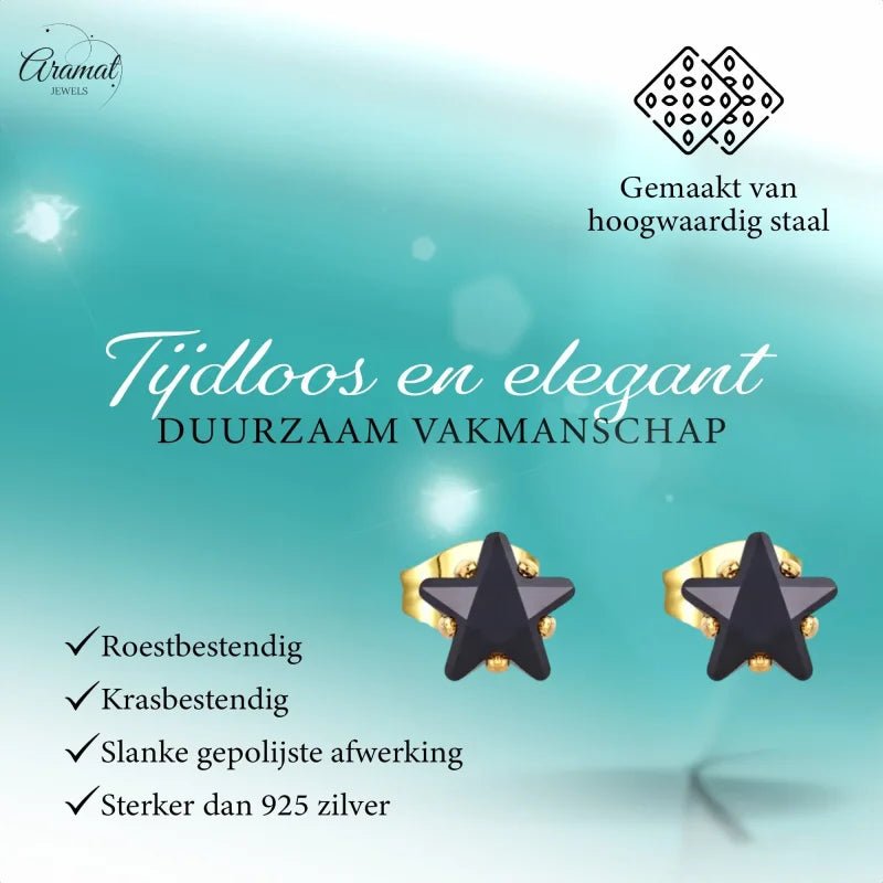 Goudkleurige Ster Oorbellen Met Zwarte Zirkonia - 6mm -
