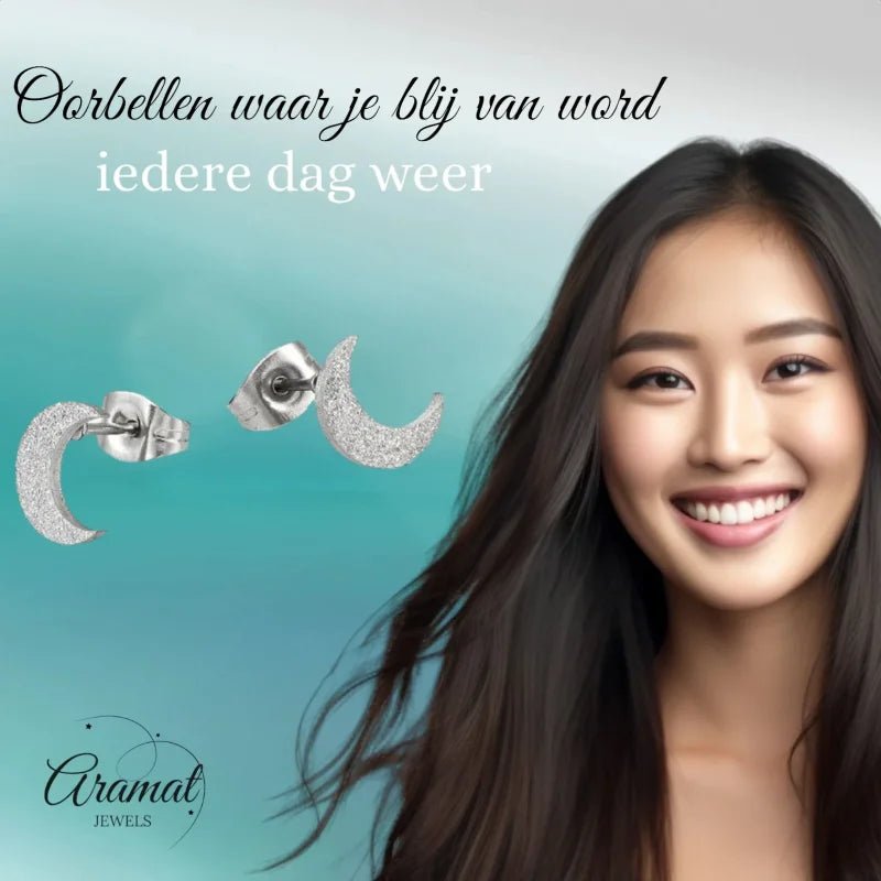 RVS Maan Oorbellen Sandblasted - Goudkleur -