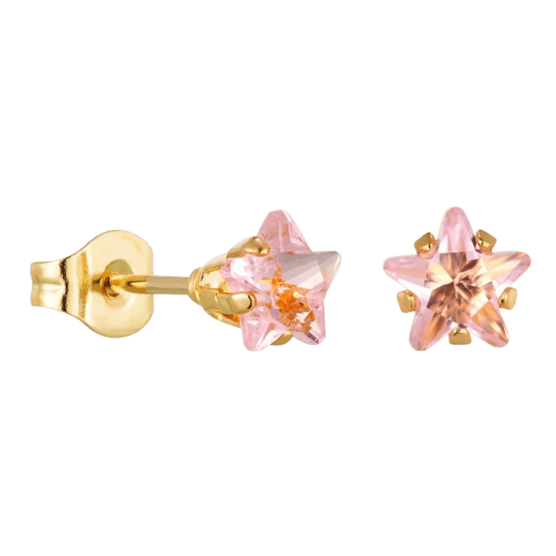 Goudkleurige Ster Oorbellen Met Roze Zirkonia In Roestvrij Staal - 5mm -