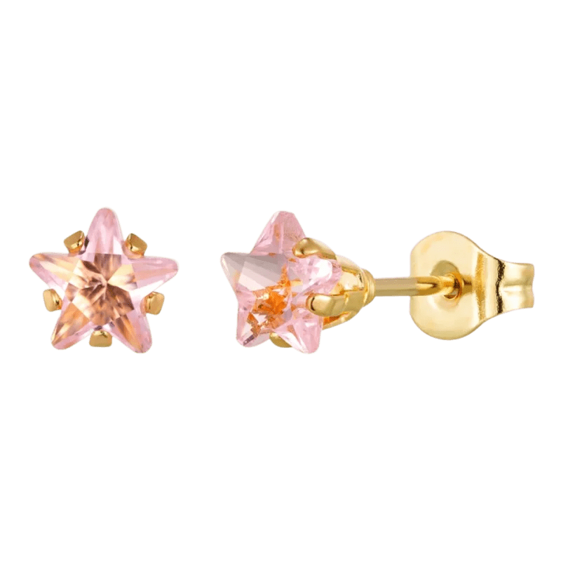 Goudkleurige Ster Oorbellen Met Roze Zirkonia In Roestvrij Staal - 5mm -