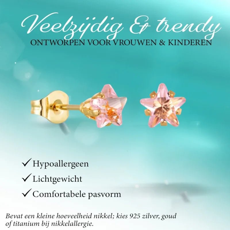 Goudkleurige Ster Oorbellen Met Roze Zirkonia In Roestvrij Staal - 5mm -