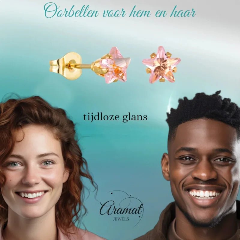 Goudkleurige Ster Oorbellen Met Roze Zirkonia In Roestvrij Staal - 5mm -