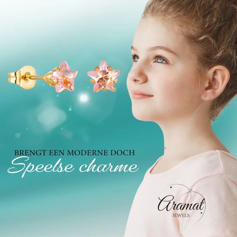 Goudkleurige Ster Oorbellen Met Roze Zirkonia In Roestvrij Staal - 6mm -