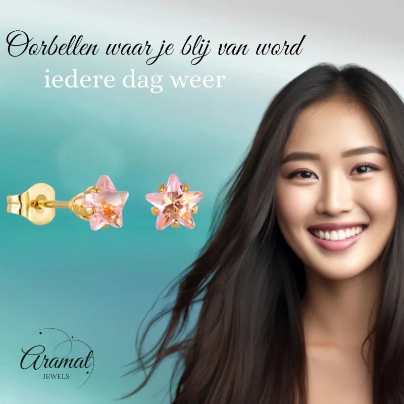 Goudkleurige Ster Oorbellen Met Roze Zirkonia In Roestvrij Staal - 6mm -