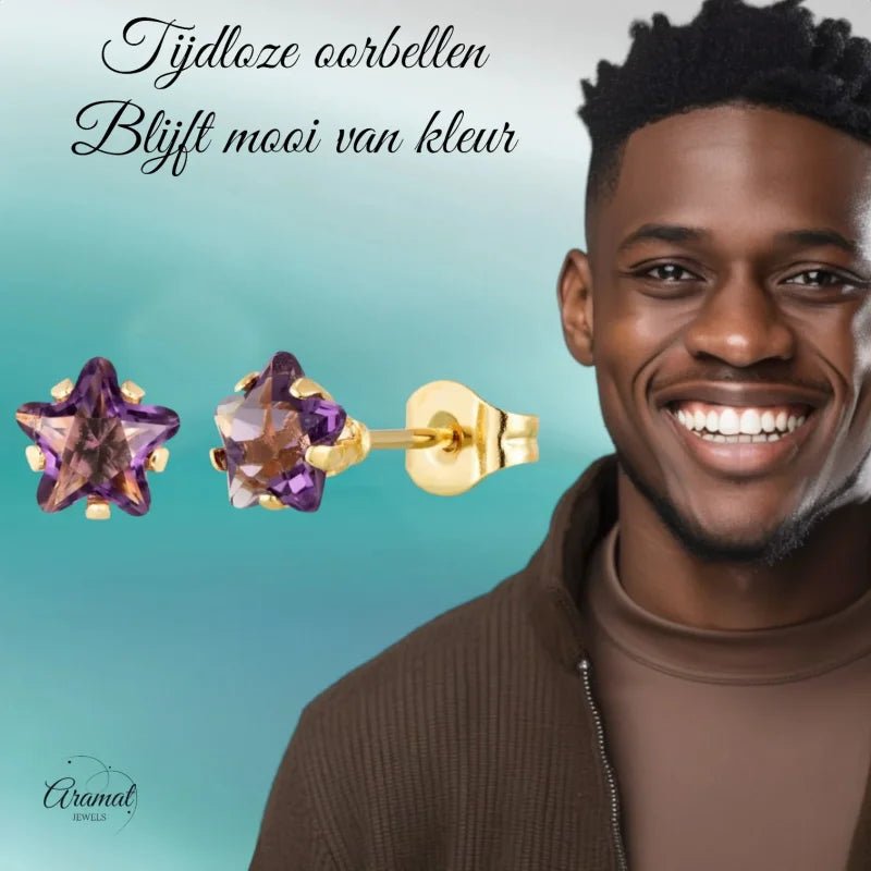 Goudkleurige Ster Oorbellen Met Paarse Zirkonia In Roestvrij Staal - 6mm -