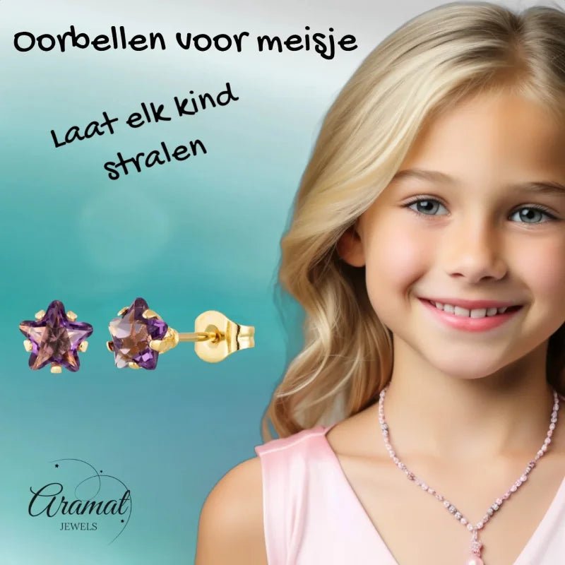 Goudkleurige Ster Oorbellen Met Paarse Zirkonia In Roestvrij Staal - 6mm -