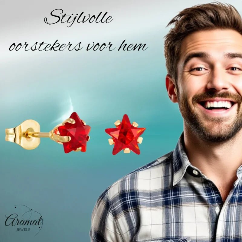 Goudkleurige Ster Oorbellen Met Rode Zirkonia In Roestvrij Staal - 6mm -