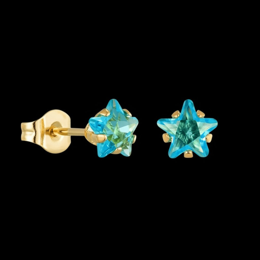 RVS Goudkleurige Ster Oorbellen Met Blauwe Zirkonia - 5mm -