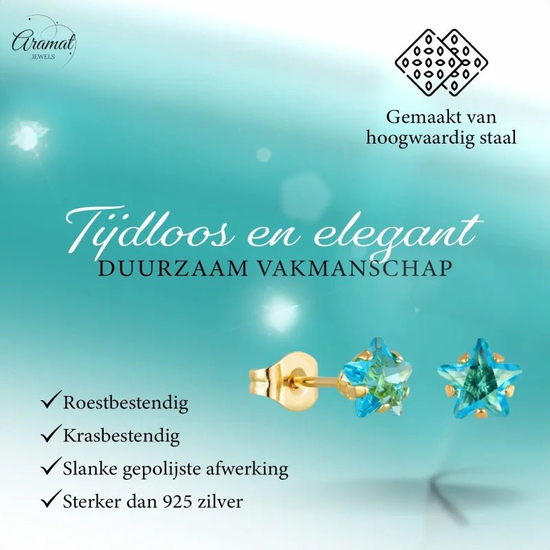 RVS Goudkleurige Ster Oorbellen Met Blauwe Zirkonia - 5mm -