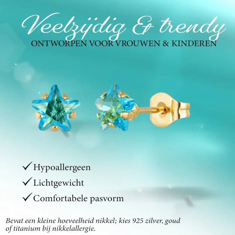 RVS Goudkleurige Ster Oorbellen Met Blauwe Zirkonia - 5mm -